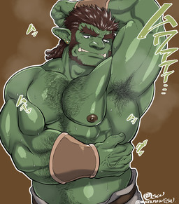 armpit_hair beard bodily_fluids body_hair brown_hair chest_hair clothed clothing ear_piercing facial_hair green_body green_skin hair happy_trail humanoid_pointy_ears male muscular muscular_humanoid muscular_male musk musky_armpit nipples not_furry piercing pointy_ears raised_arm solo sweat topless tusks marunoutisa humanoid orc 2020