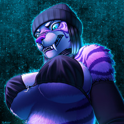 abstract_background angry anthro arm_warmers armwear beanie big_breasts bikini bikini_top black_clothing black_hair blue_background blue_eyes blue_hair_tips bodily_fluids breasts choker clothed clothed_anthro clothed_female clothing duo extreme_size_difference facial_piercing fangs female fur hair hat headgear headwear jewelry large_fangs larger_female latex liquid_latex looking_down looking_down_at_another macro micro necklace nipple_outline nose_piercing piercing pupils purple_body purple_fur silhouette simple_background size_difference slit_pupils solo_focus striped_body striped_fur stripes swimwear tears teeth two-piece_swimsuit under_boob warmers white_body white_fur conditional_dnp ratte psychedelic_whiskers felid latex_creature living_latex mammal pantherine tiger 1:1 2025 hi_res