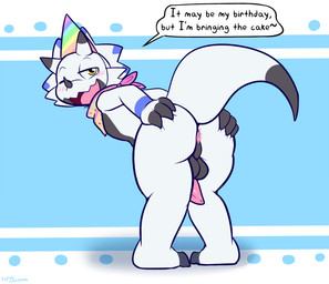 2_horns anthro anus balls bedroom_eyes bent_over big_butt birthday black_balls black_body black_horn black_perineum black_scales blue_body blue_clothing blue_hat blue_headwear blue_markings blue_scales blush butt clothing dialogue dipstick_horn erection facial_horn fingerless_(marking) genitals green_clothing green_hat green_headwear hand_on_butt hat headgear headwear horn kerchief looking_at_viewer looking_back male markings multicolored_horn narrowed_eyes nose_horn one_eye_closed open_mouth orange_clothing orange_hat orange_headwear party_hat penis perineum pink_anus pink_kerchief pink_penis presenting presenting_hindquarters pupils purple_clothing purple_hat purple_headwear rainbow_hat red_clothing red_hat red_headwear scales seductive smile solo speech_bubble spread_butt spreading talking_to_viewer tan_kerchief tapering_penis text thick_thighs white_horn yellow_clothing yellow_eyes yellow_hat yellow_headwear felino bandai_namco digimon toby_the_gammamon digimon_(species) gammamon 2026 absurd_res english_text hi_res