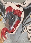 ambiguous_gender ambiguous_prey anthro black_markings bodily_fluids fangs feathers female female_pred forked_tongue front_view glistening glistening_eyes grey_body grey_feathers head_in_mouth in_mouth markings narrowed_eyes oral_vore orange_eyes piercing pupils red_eyes ring_piercing saliva saliva_on_tongue sharp_teeth simple_background slit_pupils teeth tongue tongue_out vore white_body santanahoffman reptile scalie snake hi_res