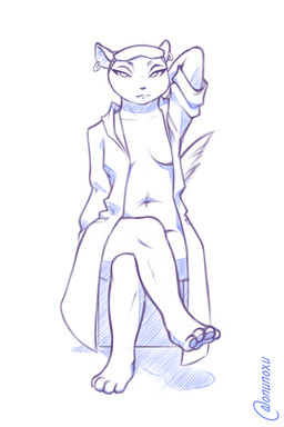 4_toes anthro barefoot bottomless breasts clothed clothing coat coat_only crossed_legs curling_toes ear_piercing ear_ring feet female hand_behind_head lab_coat looking_at_viewer pawpads paws piercing plantigrade ring_piercing side_boob simple_background soles solo toes topwear topwear_only noxu brand_new_animal studio_trigger marie_itami 2:3 hi_res sketch