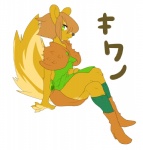 anthro boots breasts brown_body brown_fur brown_hair clothed clothing female footwear fur green_clothing green_eyes green_shirt green_topwear green_tunic hair kemono shirt shoes short_hair solo text topwear tunic powderkona mammal rodent sciurid tree_squirrel japanese_text translated