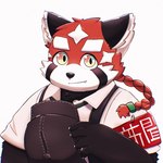 anthro biped black_nose clothed clothing cute_fangs fangs fur kemono male red_body red_fur shirt simple_background solo suspenders teeth topwear white_background white_body white_fur popolipo00 lifewonders tokyo_afterschool_summoners zhurong_(tas) ailurid mammal red_panda 1:1 2021 half-length_portrait hi_res portrait