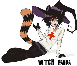 anthro bottomwear clothing footwear hat headgear headwear legwear magic_user shorts socks solo sweater tail thigh_highs thigh_socks topwear witch witch_hat witchpanda witchpanda_(character) ailurid mammal red_panda absurd_res hi_res