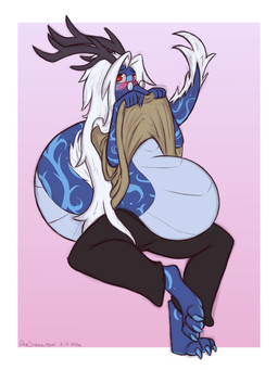 anthro antlers belly big_belly blue_body blush blush_lines border clothed clothing clothing_lift eyewear glasses hair horn humanoid_hands long_hair looking_at_viewer male pink_background pregnant pregnant_anthro pregnant_male red_eyes round_glasses shirt shirt_lift shy simple_background solo tail topwear wearing_glasses white_border white_hair dansharkman mythology aeros_(tossthegoats) dragon mythological_creature mythological_scalie scalie 2026 3:4 digital_drawing_(artwork) digital_media_(artwork) english_description hi_res story story_in_description
