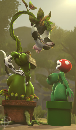 animal_print armwear breasts clothing cow_print cowbell cowbell_collar duo female green_pipe horn leaf pipe plant plant_pot roots roots_showing sharp_teeth sign spikes teats teeth text udders ordinary_pictures electronic_arts mario_bros maxis_(ea) nintendo the_sims cowplant_(the_sims) elemental_creature elemental_humanoid flora_fauna humanoid piranha_plant plant_humanoid hi_res