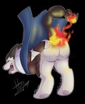 anthro armor bodily_fluids bottomless bottomless_anthro bottomless_female burning butt butt_on_fire cloak clothed clothing female fire hand_on_butt leather leather_armor pain solo tail tail_on_fire tears dinogoat armello league_of_geeks river_(armello) canid canine canis mammal wolf alpha_channel watermark