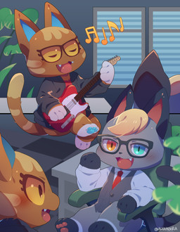 anthro big_sister_villager blonde_hair blue_eyes blue_pawpads blush brown_body brown_fur clothed clothing duo electric_guitar eyes_closed eyewear feet female fingers fur glasses grey_body grey_fur guitar hair heterochromia inside male musical_instrument musical_note musical_symbol open_mouth orange_eyes pawpads playing_music plucked_string_instrument smug_villager string_instrument symbol toes yellow_sclera achakura animal_crossing fender_musical_instruments_corporation nintendo telecaster katt_(animal_crossing) raymond_(animal_crossing) domestic_cat felid feline felis mammal absurd_res hi_res signature
