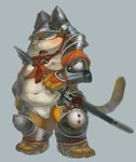 anthro armor asian_clothing belly blade blush claws clothing east_asian_clothing fundoshi fur headgear headwear helmet japanese_armor japanese_clothing katana kemono male melee_weapon moobs navel nipples orange_body orange_fur overweight overweight_anthro overweight_male scar solo sword underwear weapon white_belly white_body white_fur young young_anthro gappu domestic_cat felid feline felis mammal hi_res