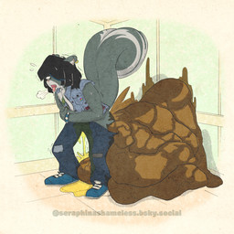 alternative_fashion anthro bodily_fluids clothed clothing elevator excessive_feces feces feces_pile fully_clothed genital_fluids hyper hyper_feces male peeing punk relieved slim soiling soiling_underwear solo urine watersports wetting wetting_bottomwear seraphina_shameless mammal mephitid skunk 1:1 absurd_res hi_res