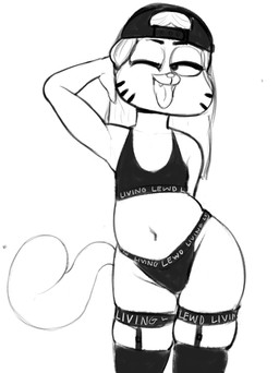 anthro black_baseball_cap black_bra black_clothing black_legwear black_panties black_sports_bra black_stockings black_underwear bra clothing crossdressing_male femboy hair legwear looking_at_viewer male one_eye_closed panties shota simple_background solo sports_bra standing stockings tongue tongue_out underwear white_background wide_hips wink winking_at_viewer young young_anthro young_male zambs cartoon_network the_amazing_world_of_gumball gumball_watterson domestic_cat felid feline felis mammal 2026 digital_drawing_(artwork) digital_media_(artwork) hi_res monochrome