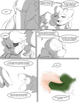 anthro bodily_fluids cheek_tuft claws clothing crying dialogue duo facial_tuft fangs female grabbing_hand hand_holding head_on_shoulder head_tuft hug hugging_another looking_down male reaching reaching_out shirt talking_to_another tears teeth text topwear tuft yo-yo spicykiwi nintendo pokemon thomas_(spicykiwi) tulip_(spicykiwi) floragato generation_9_pokemon human mammal pokemon_(species) absurd_res comic english_text hi_res story