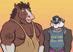 anthro clothing disappointed duo hat headgear headwear male muscular muscular_male nipples shirt tank_top tattoo topwear nanoff clyde_(nanoff) teo_(nanoff) badger clydesdale draft_horse equid equine european_badger horse mammal meles mustelid musteline animated short_playtime sound webm