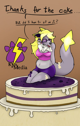 anthro birthday_cake blonde_hair cake collar cream_(food) dessert eyewear female food fur glasses grey_body grey_fur hair mane midriff solo kynmedia nintendo pokemon kyn_skyther canid canine canis eeveelution generation_1_pokemon hybrid jolteon mammal pokemon_(species) wolf hi_res