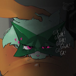 anthro belly bodily_fluids dark dark_room deep_throat drooling duo female forced forced_oral fur glowing glowing_eyes green_body green_fur hand_on_head interspecies male mask onomatopoeia oral oral_penetration penetration pokephilia saliva sex sound_effects text yellowracc nintendo pokemon generation_9_pokemon human humanoid mammal meowscarada pokemon_(species) hi_res