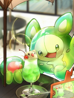 ambiguous_gender beverage blush blush_lines cherry cutlery food fruit green_body green_eyes kitchen_utensils open_mouth plant solo spoon taking_picture tongue tools umbrella namekuj1hey nintendo pokemon generation_4_pokemon generation_5_pokemon pokemon_(species) reuniclus rotom rotom_phone solosis 2025 3:4 absurd_res hi_res