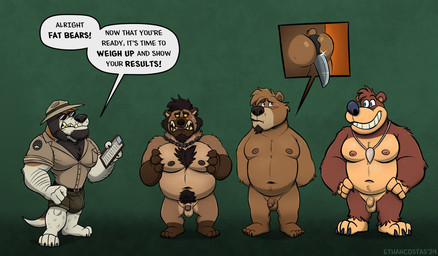 anthro balls body_hair bulge butt butt_shot casual_nudity clipboard clothed clothing dialogue flaccid foreskin genitals green_background group happy_trail hat headgear headwear holding_knife holding_object humanoid_genitalia humanoid_penis jewelry knife male moob_grab moobs navel necklace nipples nude overweight overweight_male park_ranger penis public public_nudity shark_tooth_necklace simple_background text unretracted_foreskin ethancostas banjo-kazooie fat_bear_week rareware b_(dead_stray_bear) banjo_(banjo-kazooie) ethan_costas_(character) syrus_hyena beagle bear canid canine canis domestic_dog hunting_dog mammal scent_hound english_text hi_res