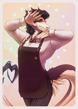 abstract_background anthro apron black_hair blue_eyes bottomwear clothed clothing fur green_eyes hair jojo_pose male mouth_closed multicolored_eyes orange_body orange_fur pants pattern_bottomwear pattern_clothing pattern_pants solo standing striped_bottomwear striped_clothing striped_pants stripes tail tan_body tan_fur text topwear two_tone_eyes white_clothing white_topwear kolaa diamond_is_unbreakable jojo's_bizarre_adventure mythology dragon furred_dragon furred_scalie mythological_creature mythological_scalie scalie artist_name hi_res