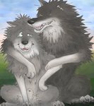 black_body black_fur black_nose duo feral fur hug kemono male outside scar worried unknown_artist one_stormy_night gabu giro_(one_stormy_night) canid canine canis mammal wolf 2005 archived_source digital_media_(artwork) low_res oekaki