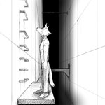 1:1 anthro beastars canid canine canis comic hi_res hladilnik ladder legoshi_(beastars) looking_up male mammal monochrome sketch solo wall_(structure) wolf