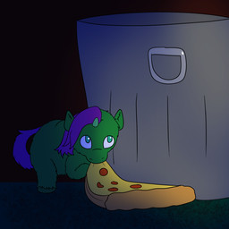 1_horn ambiguous_feral ambiguous_gender dim_lighting feral food fur green_body green_eyes green_fur green_hooves green_horn hair hooves horn looking_up mouth_hold pizza purple_hair purple_tail solo tail trash_can young young_ambiguous young_feral ponepone fluffy_pony mythology equid equine fluffy_pony_(species) mammal mythological_creature mythological_equine unicorn 1:1 2026 digital_media_(artwork) english_description