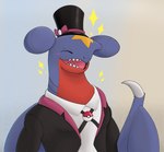 anthro clothed clothing eyes_closed hat headgear headwear male open_mouth pokeball simple_background smile solo sparkles suit teeth top_hat topwear exxperient mythology nintendo pokemon tuxedo_style_garchomp dragon garchomp generation_4_pokemon mythological_creature mythological_scalie pokemon_(species) scalie hi_res