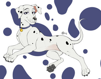 blue_collar claws collar collar_only collar_tag dotted_background female feral fur half-closed_eyes looking_at_viewer lying markings mouth_closed narrowed_eyes nude on_side pattern_background paws raised_tail simple_background smile smiling_at_viewer solo spots spotted_body spotted_fur tail jimfoxx 101_dalmatians disney perdita canid canine canis dalmatian domestic_dog mammal 2025 signature