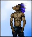 abs anthro athletic biceps biped black_border blue_body blue_eyes blue_skin border bottomwear brown_body brown_skin clothed clothing denim denim_bottomwear denim_clothing fin grin horn jeans male markings muscular muscular_anthro pants pecs pose scales simple_background smile solo standing stripes tail text topless vein rastaban_coal mythology rastaban_coal_(character) dragon mythological_creature mythological_scalie reptile scalie hi_res url