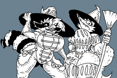 4_fingers anthro belly_cutout big_breasts breasts broom cleaning_tool cleavage cleavage_cutout clothed clothing collared_shirt cutout duo eyelashes female fingers fluffy fluffy_tail grey_background hand_on_hip hand_on_leg hand_on_thigh hat headgear headwear holding_broom holding_cleaning_tool holding_object huge_breasts legwear looking_at_viewer looking_down looking_down_at_viewer magic_user markings non-mammal_breasts raised_arm sharp_teeth shirt simple_background skimpy small_waist smug_grin standing striped_markings striped_tail stripes tail tail_markings teeth thick_thighs thigh_highs topwear wide_hips witch witch_hat zhmernalt canid canine fox mammal procyonid raccoon hi_res monochrome