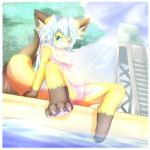 anthro biped blush border camel_toe clothing female flat_chested navel solo spread_legs spreading swimming_pool swimwear water white_border young young_anthro hazukikai noel_(hazukikai) canid canine fox mammal 1:1 hi_res