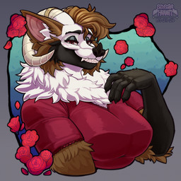 anthro big_breasts black_body black_fur blue_background breasts brown_body brown_fur clothed clothed_anthro clothing dress female female_anthro flower fur gradient_background grey_background grin horn plant rose_(flower) simple_background smile solo white_body white_fur sinisterheaven bat mammal 1:1 bust_portrait hi_res portrait