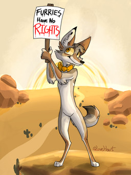 anthro cactus dessert digitigrade food funny_animal fur holding_object holding_sign humor irony male on_hind_legs orange_bow_ribbon plant public_service_announcement road rock sign sky smile solo speciesism sun sunrise tan_body tan_fur text toony_expression yellow_eyes yellow_sky taur0s canid canine canis coyote mammal 3:4 absurd_res artist_name hi_res signature