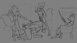 anthro bound crown dominant dominant_female female group headgear male submissive submissive_male misterpickleman canid canine canis fox mammal wolf black_and_grey monochrome