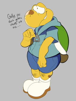 4_fingers anthro bandage bandage_on_face bandage_on_nose biped blue_bottomwear blue_clothing blue_hoodie blue_pants blue_shorts blue_topwear bottomwear clothing dialogue ellipsis fingers footwear front_view green_shell grey_background grin hoodie male nervous nervous_smile pants scratch_mark scratches shell shoes short_tail shorts simple_background smile solo standing tail teeth text topwear white_clothing white_footwear white_shoes yellow_body yellow_skin astralkettei mario_bros nintendo paper_mario paper_mario:_the_thousand_year_door koops koopa koopa_troopa reptile scalie tortoise turtle 2025 digital_drawing_(artwork) digital_media_(artwork) english_text hi_res