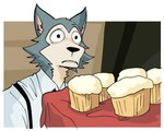 anthro clothed clothing cupcake fluffy food fur male ptsd shirt solo stare suspenders topwear drawfee karina_farek beastars legoshi_(beastars) canid canine canis mammal wolf meme