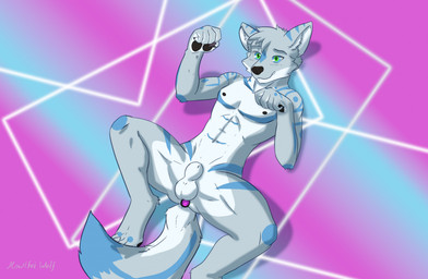 animal_genitalia animal_penis anthro balls belly black_nipples blue_eyes blue_markings blush butt buttplug canine_genitalia canine_penis claws flaccid fur gem genitals gradient_background green_eyes grey_body grey_fur hair looking_at_viewer lying male markings mouth_closed nipples nude on_back pattern_background pawpads pawps penis plug_(sex_toy) presenting sex_toy sheath simple_background smile solo tail white_body white_fur howlfeiwolf howlfei canid canine canis mammal wolf cel_shading digital_drawing_(artwork) digital_media_(artwork) hi_res shaded signature