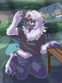 ambiguous_gender bench black_clothing black_shirt black_topwear blue_bottomwear blue_clothing blue_pants bodily_fluids bottomwear brown_hair claw_growth claws clothed clothing clothing_lift digitigrade duo fangs feral finger_claws fur fur_growth ghost_hand grass growth gui hair human_to_feral kneeling looking_at_self male mid_transformation one_eye_closed open_mouth pants plant red_eyes sharp_teeth shirt shirt_lift short_hair short_sleeves species_transformation tail tail_growth tears teeth toe_claws tongue topwear transformation transformation_through_technology white_body white_fur yakumomidori1 among_us innersloth nintendo pokemon absol canid canine generation_3_pokemon human mammal pokemon_(species) 3:4 hi_res shaded
