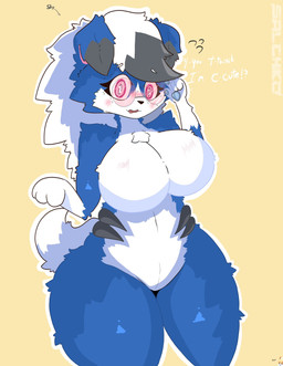 anthro big_breasts black_nose blue_body blue_fur blue_paws breasts eyelashes eyewear featureless_breasts featureless_crotch female fur glasses huge_breasts looking_at_viewer outline pink_eyes round_glasses simple_background solo tail text thick_thighs white_body white_fur white_outline wide_hips yellow_background salchikokokoko nintendo pokemon generation_7_pokemon lycanroc pokemon_(species) english_text hi_res