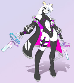 anthro black_sclera boots cape clothing cyberpunk delta_rune_(emblem) femboy fingerless_gloves footwear gloves gun handgun handwear horn knife legwear leotard male occult_symbol pistol ranged_weapon shoes sigil solo summoning symbol technomancer text thigh_boots thigh_highs weapon womb_tattoo lewott deltarune undertale undertale_(series) asriel_dreemurr_(god_form) boss_monster_(undertale) bovid caprine goat mammal hi_res japanese_text