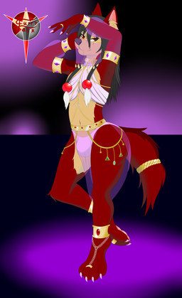 anthro black_hair bulge claws clothing collar femboy fur gem gold_(metal) gold_jewelry hair harem_jewelry harem_outfit jewelry long_hair male panties pawpads red_body red_fur ring solo tail tan_body tan_fur underwear white_hair furryjack_4444 canid canine canis mammal wolf absurd_res hi_res