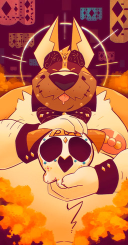 abstract_background anthro arm_hair barbell_piercing belly big_belly body_hair bow_tie chest_hair closed_smile eyes_closed front_view fur holding_skull male male_anthro mobs mouth_closed nipple_barbell nipple_piercing nipples obese obese_anthro obese_male overweight overweight_anthro overweight_male piercing pink_tongue smile solo tongue tongue_out white_body white_fur yellow_body yellow_fur chocolateandmilk richard_(chocolateandmilk) canid canine canis domestic_dog mammal hi_res