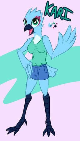 anthro avian_feet barefoot beak blue_beak blue_body blue_bottomwear blue_clothing blue_shorts bottomwear breasts clothed clothed_anthro clothed_female clothing color_swatch eyelashes feet female fully_clothed fully_clothed_anthro fully_clothed_female green_clothing green_eyes green_shirt green_tank_top green_text green_topwear looking_at_viewer open_mouth open_smile pink_tongue shirt shorts smile solo standing tank_top text tongue topwear spezza avian bird 2018 4:7 character_name digital_drawing_(artwork) digital_media_(artwork)