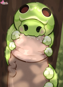 ambiguous_gender blush bodily_fluids cheek_bulge cum cum_in_mouth cum_inside ejaculation extreme_size_difference feral genital_fluids genitals grass green_body heart_eyes heart_symbol holding_penis male multi_leg multi_limb penis penis_grab plant size_difference tree vein veiny_penis pankatares arthropod caterpillar human insect larva mammal signature