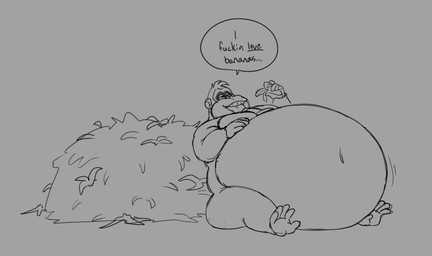 anthro banana belly big_belly bloated dialogue eating feet food fruit hand_on_belly huge_belly male plant prehensile_feet solo stuffing text toes duly_noted donkey_kong_(series) nintendo donkey_kong_(character) ape gorilla haplorhine mammal primate english_text hi_res monochrome