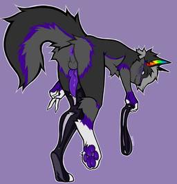 anthro anus balls bent_over big_tail blush butt clothing feet foot_focus fur genitals gesture grey_body grey_hair hair hand_gesture highlights_(coloring) latex latex_clothing latex_legwear latex_stockings legwear male multicolored_ears nude penis perineum purple_anus purple_highlights purple_paws purple_penis rainbow_ears raised_leg raised_tail simple_background smile solo stockings tail v_sign white_fingers presuk fruit_(fruit-wolf) canid canine canis mammal wolf hi_res
