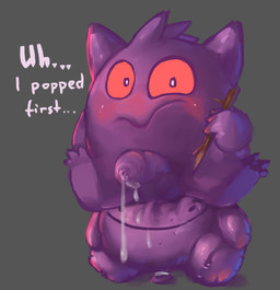 anthro balloon_fetish balloon_popping blush bodily_fluids cum foreskin genital_fluids genitals grey_background hissing humanoid_genitalia humanoid_penis long_foreskin looking_at_viewer male penis simple_background sitting sitting_on_balloon solo stick text unretracted_foreskin badipoki nintendo pokemon ditto_(pokemon) generation_1_pokemon gengar pokemon_(species) absurd_res english_text hi_res