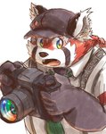 anthro black_body camera clothing hat headgear headwear humanoid_hands kemono male necktie red_body shirt slightly_chubby solo topwear aotadobukitch lifewonders tokyo_afterschool_summoners zhurong_(tas) ailurid mammal red_panda 2022 absurd_res hi_res