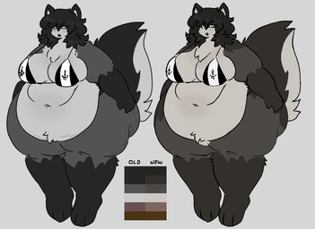 anthro big_breasts bikini black_body black_fur breasts cleavage clothed clothing female fur huge_breasts morbidly_obese multicolored_body navel obese overweight simple_background solo swimwear thick_thighs two-piece_swimsuit white_body white_fur wide_hips mexifurfoof martha_(mexifurfoof) canid canine canis mammal wolf model_sheet