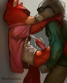 anthro bodily_fluids bottomwear clothed clothing cum cumshot ejaculation erection eyes_closed genital_fluids kissing kissing_while_penetrated male male/male pants pantsless sweater topwear ashzxuxu disney zootopia nick_wilde pawbert_lynxley canada_lynx canid canine felid feline fox lynx mammal red_fox true_fox absurd_res hi_res