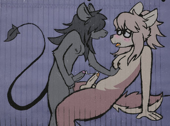 anthro barbell_piercing breasts dominant dominant_gynomorph dominant_intersex duo erection fur genitals grey_body grey_fur grey_hair grey_nipples gynomorph gynomorph/gynomorph hair hair_over_eyes hand_on_breast hand_on_partner's_breast humanoid_genitalia humanoid_hands humanoid_penis intersex intersex/intersex leaning leaning_backward long_hair looking_at_another looking_at_partner looking_pleasured nipple_barbell nipple_piercing nipples nude_anthro nude_gynomorph penis piercing submissive submissive_gynomorph submissive_intersex tail tied_hair critteremitter critter_(critteremitter) karina_(catjamn) canid canine mammal murid murine rat rodent 2025 digital_media_(artwork) digital_painting_(artwork) hi_res painting_(artwork) traditional_media_(artwork) trans_(lore) trans_woman_(lore)